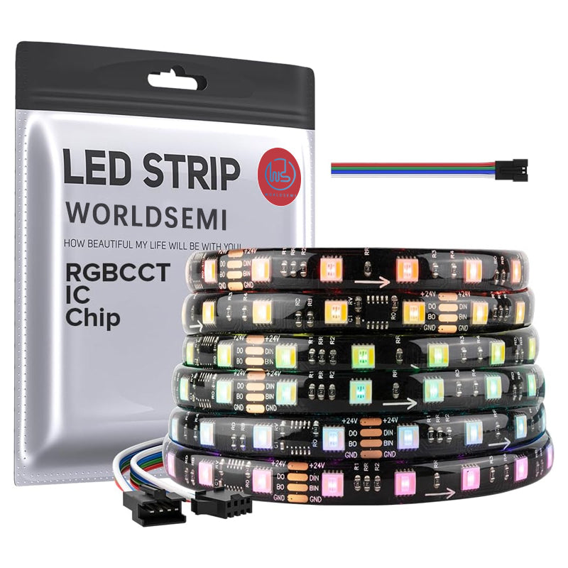 WORLDSEMI WS2805 IC RGBCCT Addressable Dual Data LED Strip 5050SMD 16.4FT 60LED/m 10Pixel/m 5 Colors in One Chase Color RGB+CCT 3000K-6500K LED Strip IP30 DC24V(without adapter or controller).