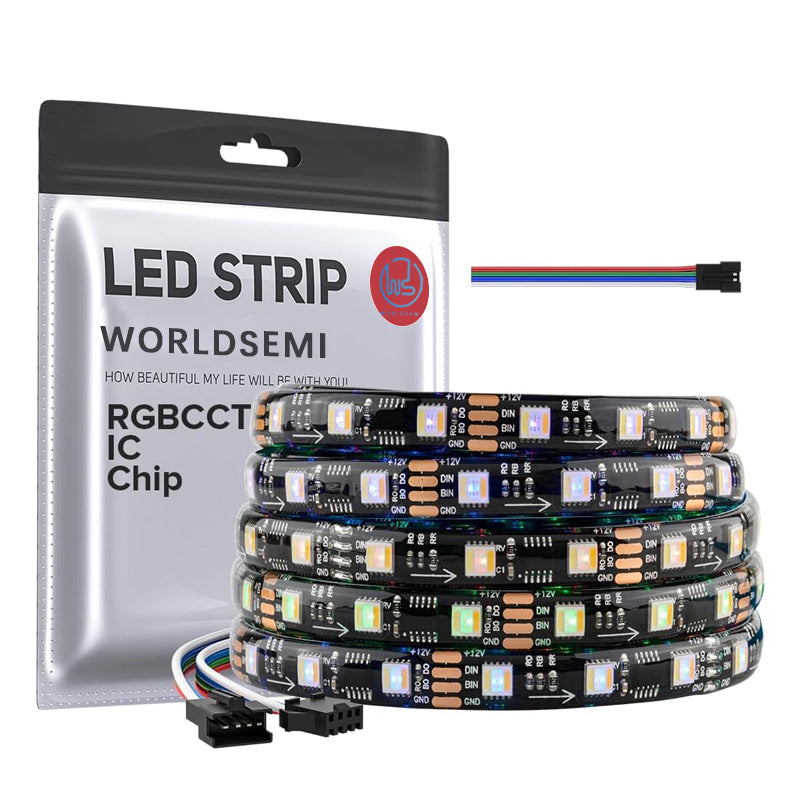 WORLDSEMI WS2805 IC RGBCCT Addressable Dual Data LED Strip 5050SMD 16.4FT 60LED/m 20Pixel/m 5 Colors in One Chase Color RGB+CCT 3000K-6500K LED Strip IP30 DC12V (No Adapter or Controller) )