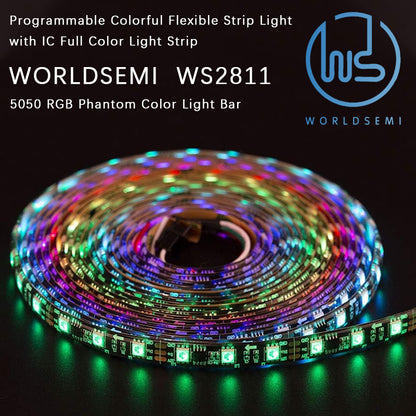 WORLDSEMI WS2811 IC=RGB+IC Addressable Fantasy Color LED Strip 16.4FT 60LED/m 20Pixels/m IP65 Splashproof Black PCB Flexible DC12V Chasing Effect Suitable for home interior decoration (no adapter or controller).