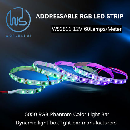 WORLDSEMI WS2811 IC=RGB+IC Addressable Fantasy Color LED Strip 16.4FT 60LED/m 20Pixels/m IP65 Splashproof Black PCB Flexible DC12V Chasing Effect Suitable for home interior decoration (no adapter or controller).