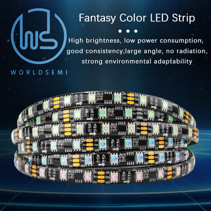 WORLDSEMI WS2811 IC=RGB+IC Addressable Fantasy Color LED Strip 16.4FT 60LED/m 20Pixels/m IP65 Splashproof Black PCB Flexible DC12V Chasing Effect Suitable for home interior decoration (no adapter or controller).