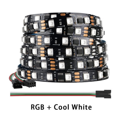 WORLDSEMI WS2814 IC RGBW RGB+ Cool White (similar to WS2812B) Addressable 16.4FT 60LED/m 20Pixels/m 300LED 100pixel Flexible 4 Colors in One Fantasy Color LED Strip IP30 DC12V Black PCB for R